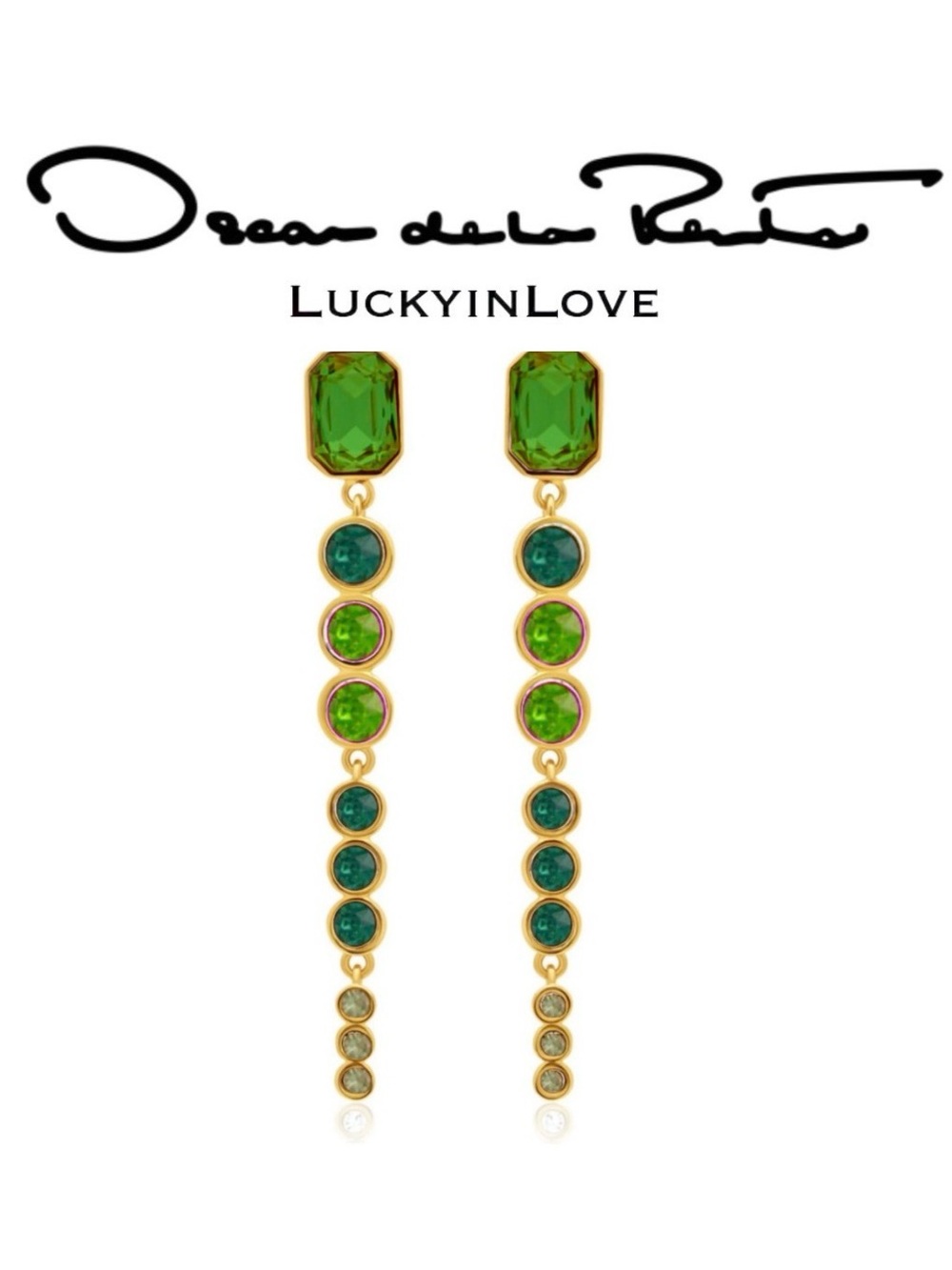 Oscar de la Renta • Tapered Green Crystals CZ Drop Clip on Earrings. - Picture 16 of 16